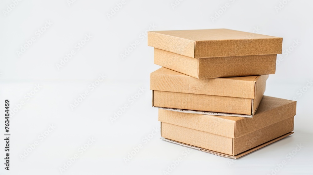 A neat stack of cardboard boxes isolated on a pristine white background, ready for shipping and logistics purposes. - obrazy, fototapety, plakaty 