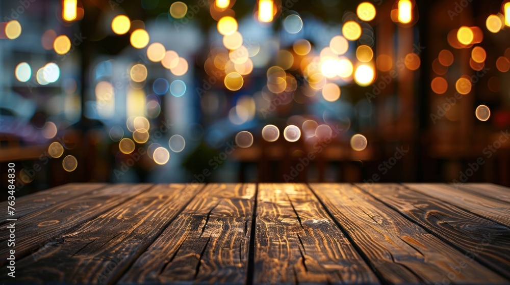 Dark wooden table in front restaurant on blurred bokeh background. AI generated image Dark wooden table in front restaurant on blurred bokeh background. AI generated image