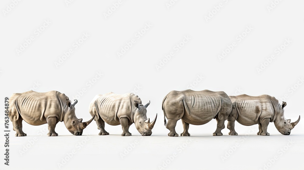 Fototapeta premium A majestic set of four rhinoceroses isolated on a crisp white background, highlighting the beauty and power of these endangered creatures