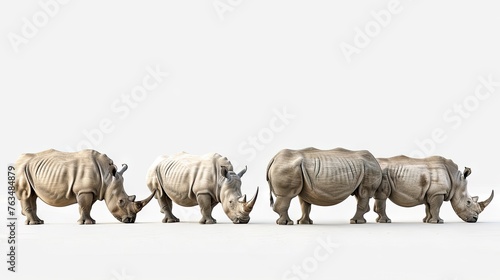 A majestic set of four rhinoceroses isolated on a crisp white background  highlighting the beauty and power of these endangered creatures