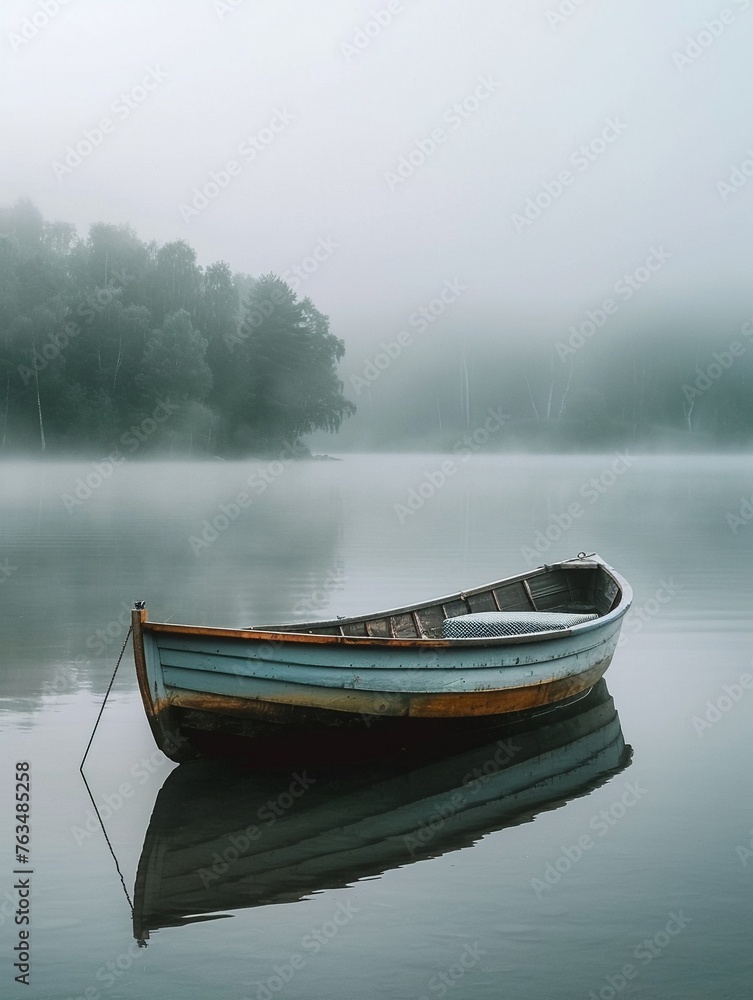 Traditional wooden boat on a serene lake misty morning peaceful escape side angle soft focus