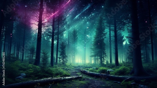 Enchanted forest with glowing turquoise and pink lights under the moonlit night sky