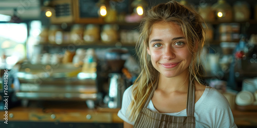 young smiling happy female barista in apron serving a cup of coffee to go at the bar counter of a cafe  woman  girl  coffee shop  drink  restaurant  employee  waiter