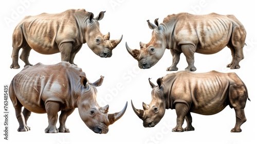 A majestic set of four rhinoceroses isolated on a crisp white background, highlighting the beauty and power of these endangered creatures