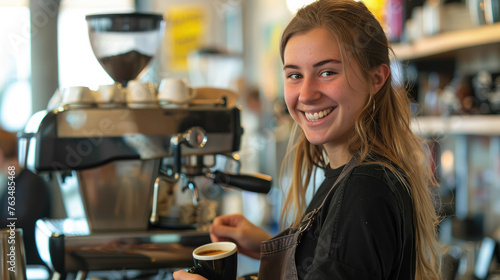 young smiling happy female barista in apron serving a cup of coffee to go at the bar counter of a cafe  woman  girl  coffee shop  drink  restaurant  employee  waiter