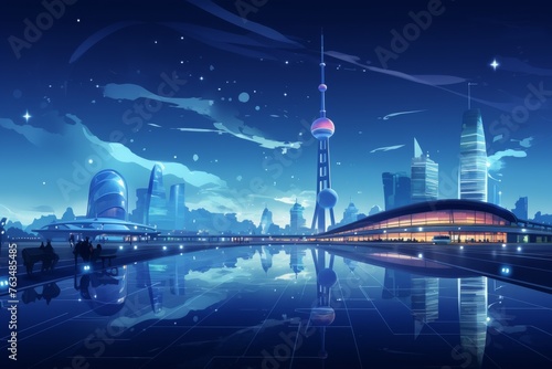 Futuristic City With Nighttime Water Reflection