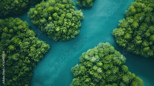 Aerial view beautiful tropical green of mangrove forest near a coastline. AI generated image