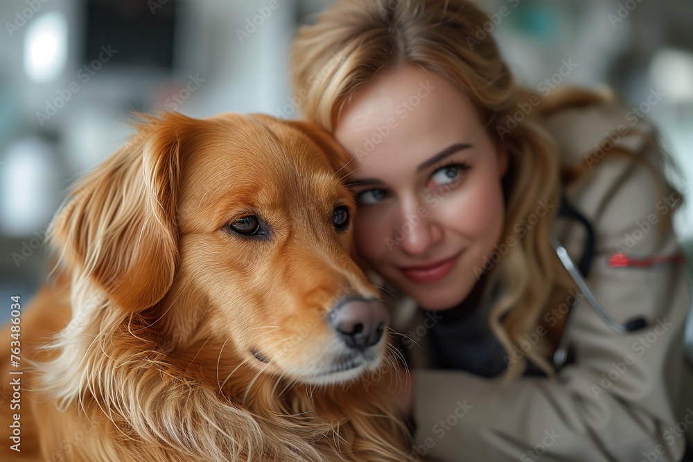 A blonde woman gently hugs her golden retriever dog, showing the bond between human and pet