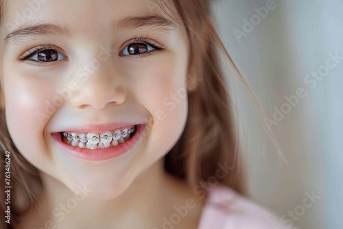 happy smile of a little girl with healthy white teeth with metal braces.  photo