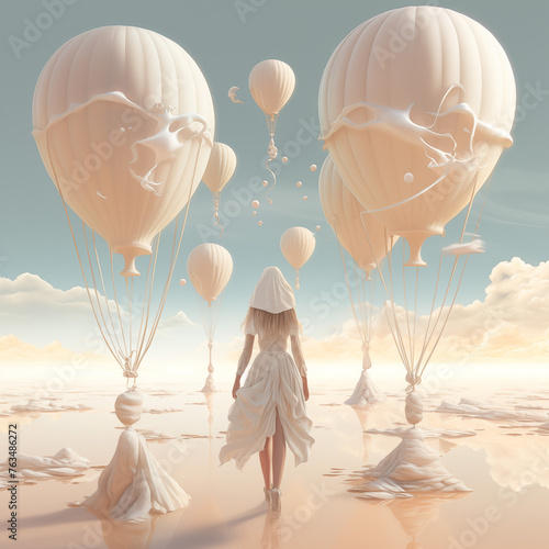 surreal white milky dream world with balloons and desert female walking 