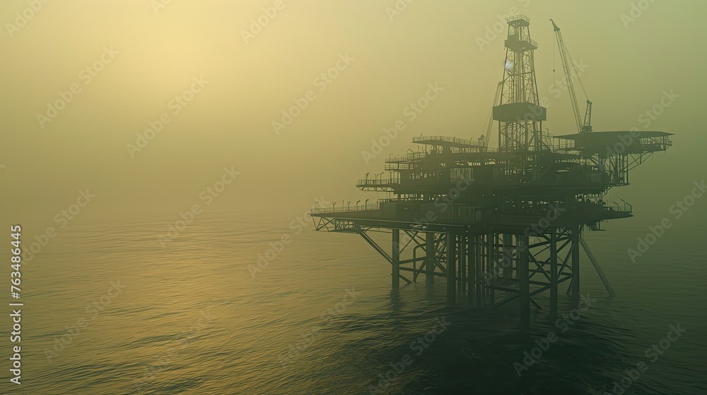 a giant oil rig towering over the vast expanse of the Arabian Sea against the backdrop of a fiery sunset.