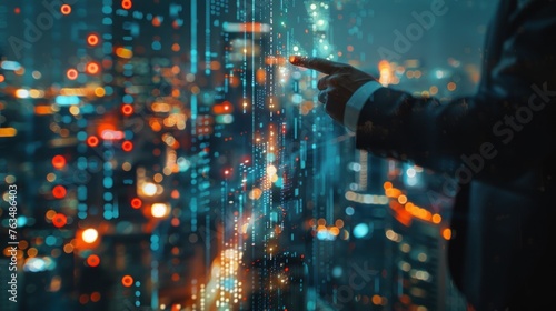 A businessman touch hologram graphic display on blurred cityscape background. AI generated image
