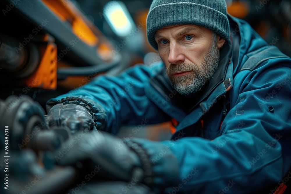 A rugged man in a beanie and gloves, his face obscured by the protective garments, exudes a sense of warmth and mystery A rugged man in a beanie and gloves, his face obscured by the protective garments, exudes a sense of warmth and mystery