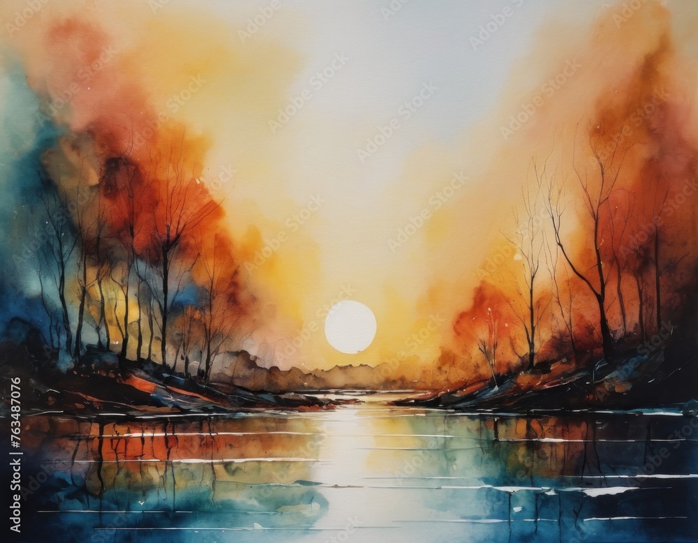 Watercolor landscape of a serene sunset with vibrant orange skies reflected in a tranquil river, surrounded by hills.