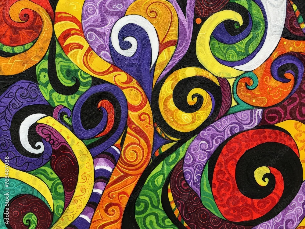 Naklejka premium Vibrant, multicolored swirls create a dynamic and visually striking pattern against a deep black background in this painting