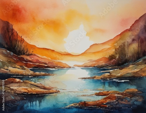 Watercolor landscape of a serene sunset with vibrant orange skies reflected in a tranquil river, surrounded by hills. © Liera