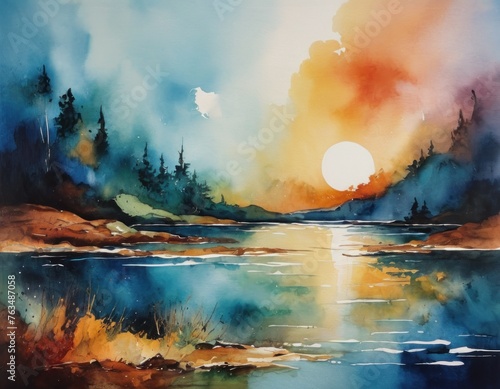 Watercolor landscape of a serene sunset with vibrant orange skies reflected in a tranquil river  surrounded by hills.