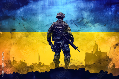 A soldier stands in front of a yellow and blue flag. The soldier is wearing a camouflage uniform and holding a rifle. Concept of duty and patriotism, as the soldier is ready to defend his country