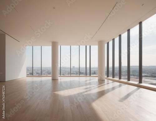 Minimalist modern empty room with large windows and city view  natural light  and wooden floor.