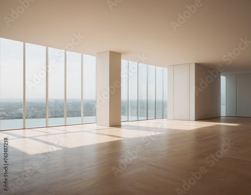 Modern empty room with large windows and panoramic view, natural light and wooden floor.