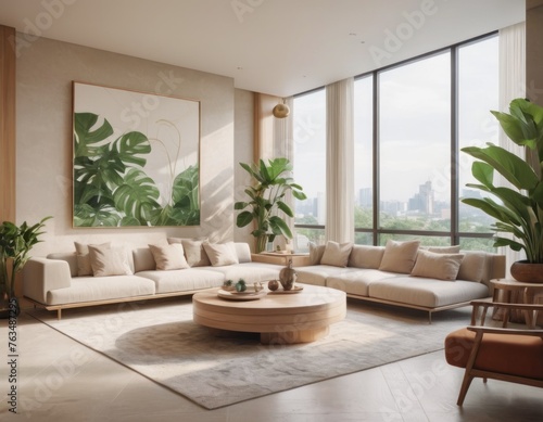 Modern living room interior with leather furniture, wooden accents, and indoor plants. Elegant home decor.