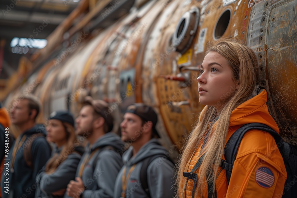 A group of astronaut trainees in orange suits stands attentively for a briefing