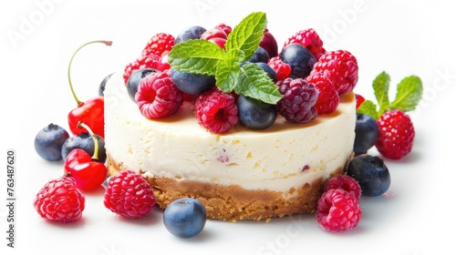 A delectable cheesecake set adorned with fresh berries and mint, enticingly isolated on a pristine white background, perfect for dessert lovers.