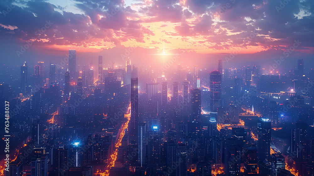 Fototapeta premium Cityscape View With Sunset Background