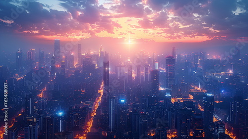 Cityscape View With Sunset Background