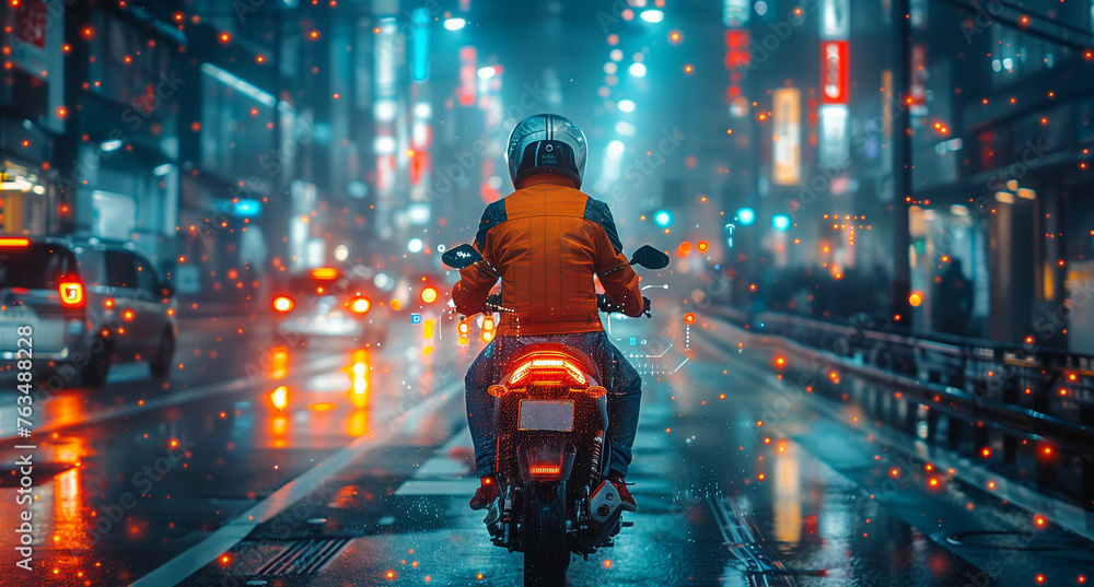 Man Riding Motorcycle Down Rain Soaked Street