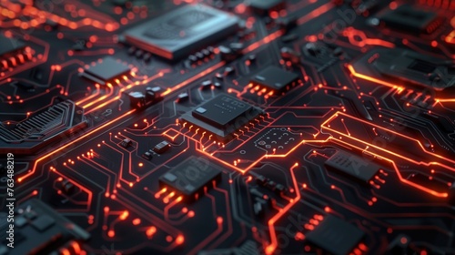 Digital circuit board on dark background. AI generated image