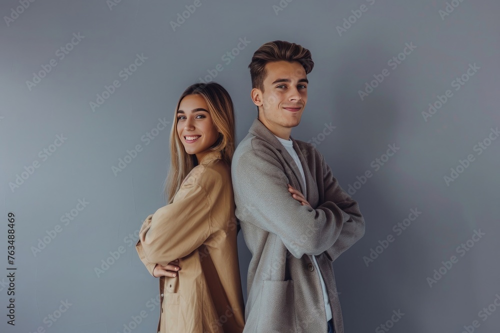 Concept of partnership in business. Young man and woman standing back-to-back with crossed hands 