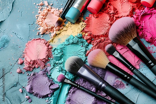 cosmetic brushes with colorful powder explosion photo