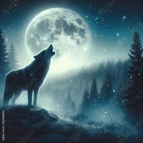 Howling wolf on the background of the full moon.
