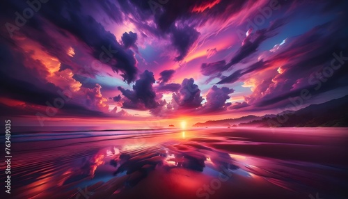 A stunning sunset with vibrant colors reflecting over a serene beach.