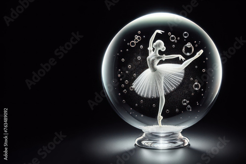 Dancing ballerina inside a glass ball. Space for text.