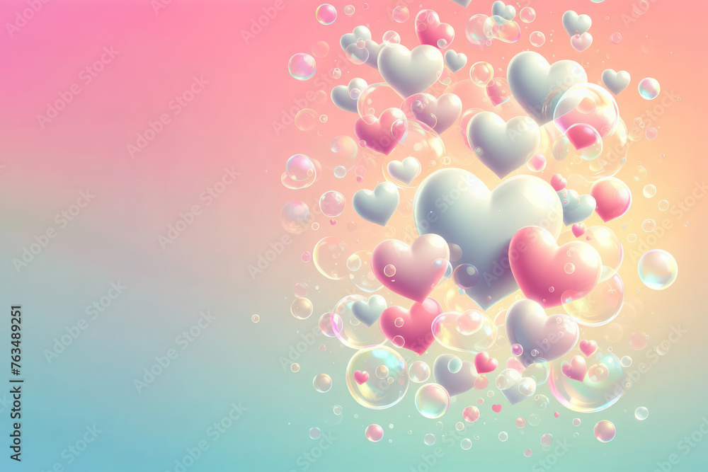 Flying love hearts and soap bubbles. Space for text.