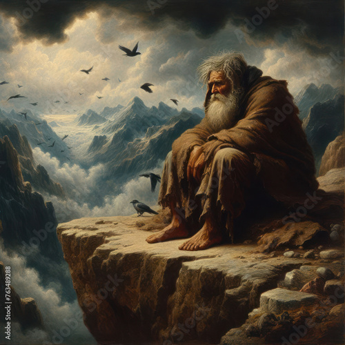 Poor, miserable vagabond man sitting on the edge of a cliff.