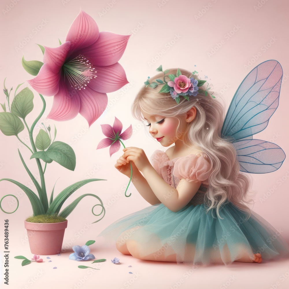 Little fairy sitting near a flower in a pot. Little fairy sitting near a flower in a pot.