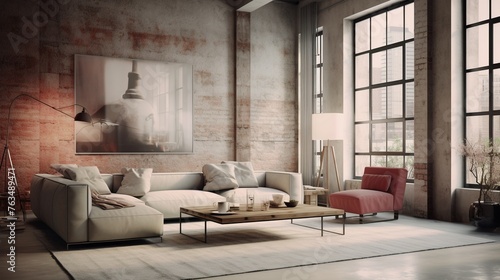 an industrial styled living room in the style of light red and light beige © พรวิศนุ เรืองยุทธศาส