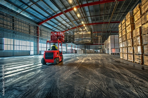 Forklift operator in red uniform and helmet at work in warehouse  © Werckmeister