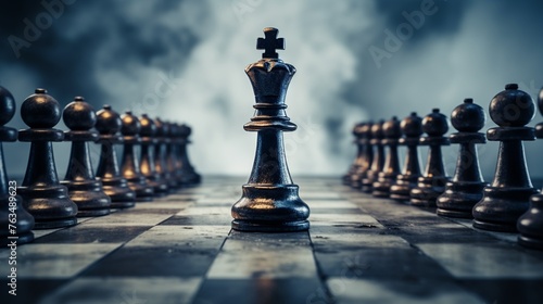 Chess king standing tall among pawns on an abstract background