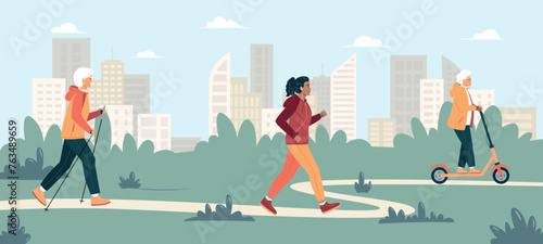 Energetic gray haired elderly women and man, Healthy lifestyle. Elderly woman running with headphones. Elderly woman practice nordic walking. Elderly woman rides electric scooter. Vector Illustration