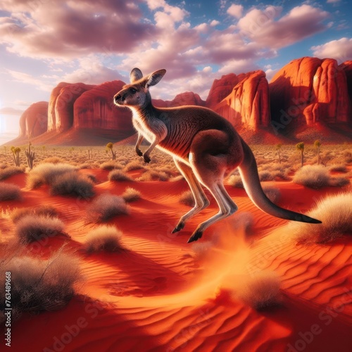 Jumping kangaroo in the desert.