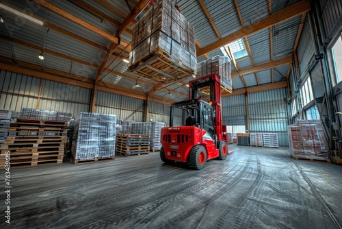 Forklift operator in red uniform and helmet at work in warehouse  © Werckmeister