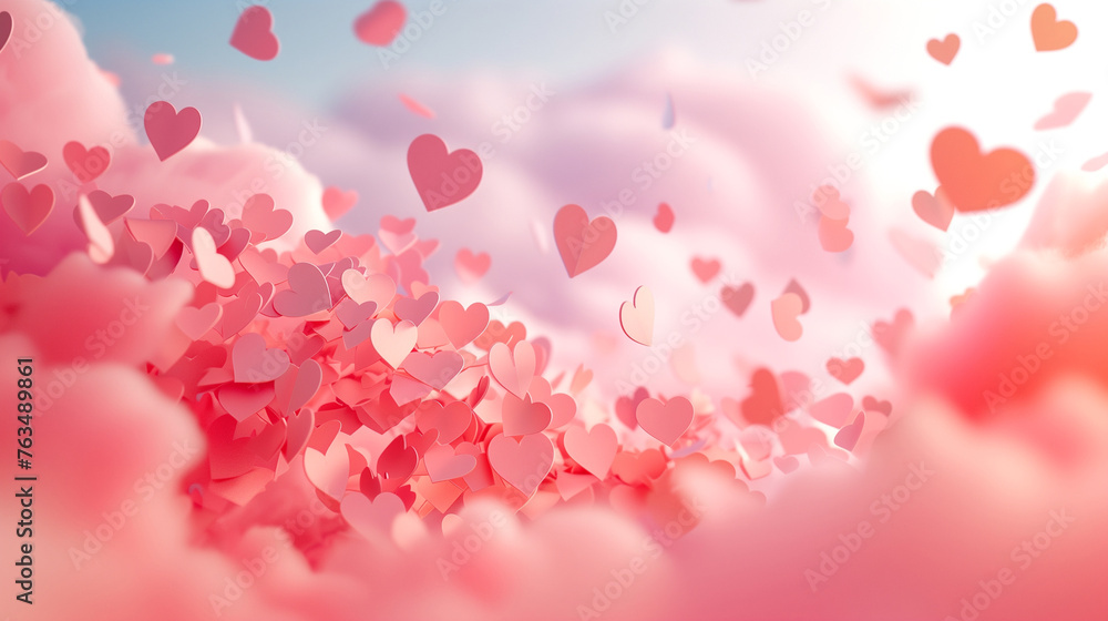 A 3D illustration of paper hearts cascading through a pink sky, symbolizing love on Valentine's Day.