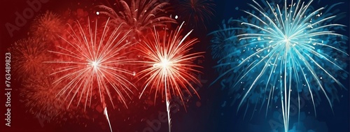 Red and Blue Glittering Firework Panorama: Wide Banner for Celebrations and Festivities