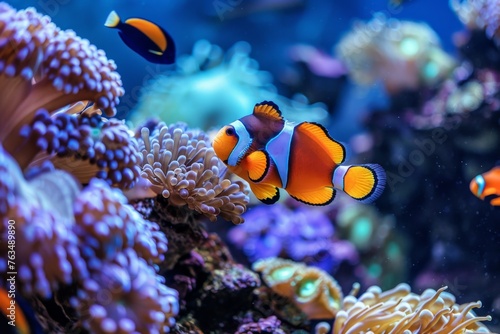 Amphiprion ocellaris (Clownfish/Nemo) interacting with anemone in coral reef underwater scene.