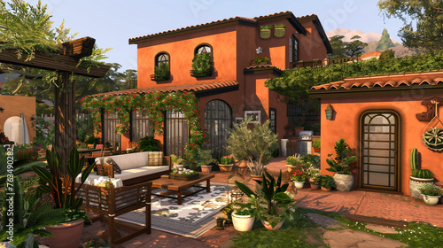 A craftsman house in a warm terracotta shade  with a backyard that includes a Mediterranean-style patio and an olive tree.