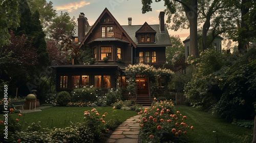 A craftsman style house in a deep chestnut brown  with a backyard that includes an antique wrought iron gazebo and a bluestone sidewalk flanked by heirloom roses. 